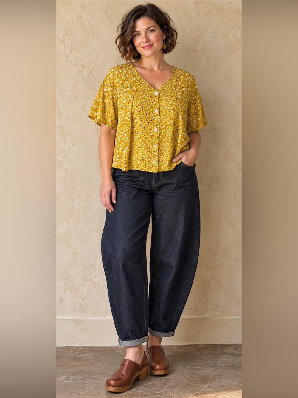 Ditsy Floral Mustard Yellow Boxy Blouse niko and… Size 4 / Large Rayon